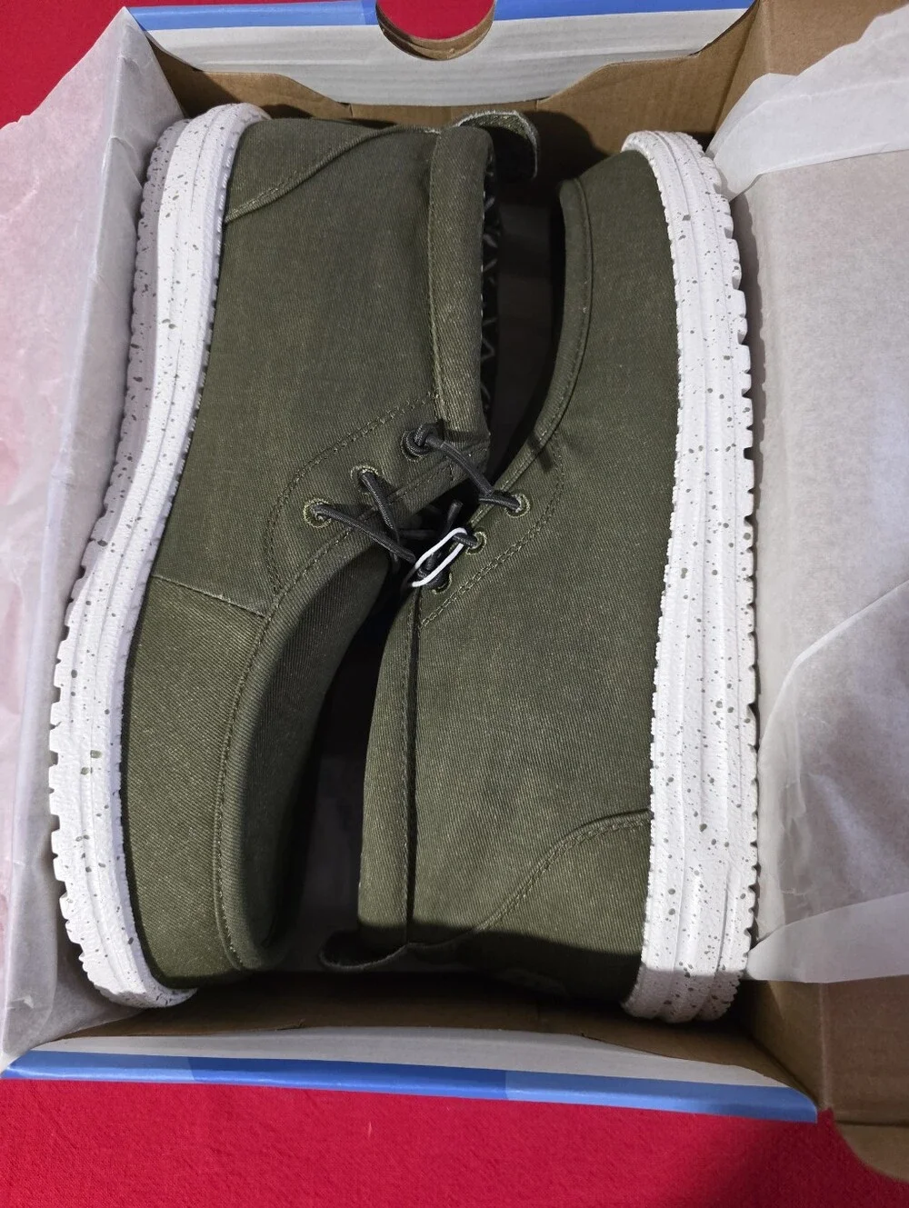 Hey Dude Olive Canvas Boots with White Speckled Sole
